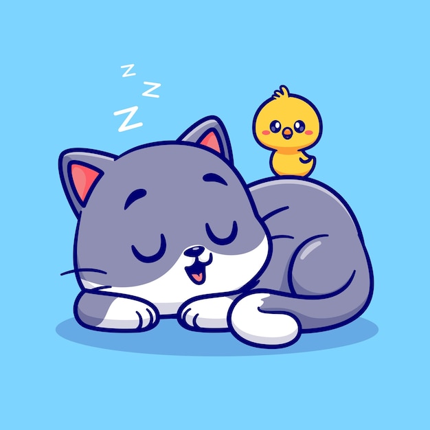 Cute Cat Sleeping With Chick Cartoon Vector Icon Illustration Animal Nature Icon Concept Isolated