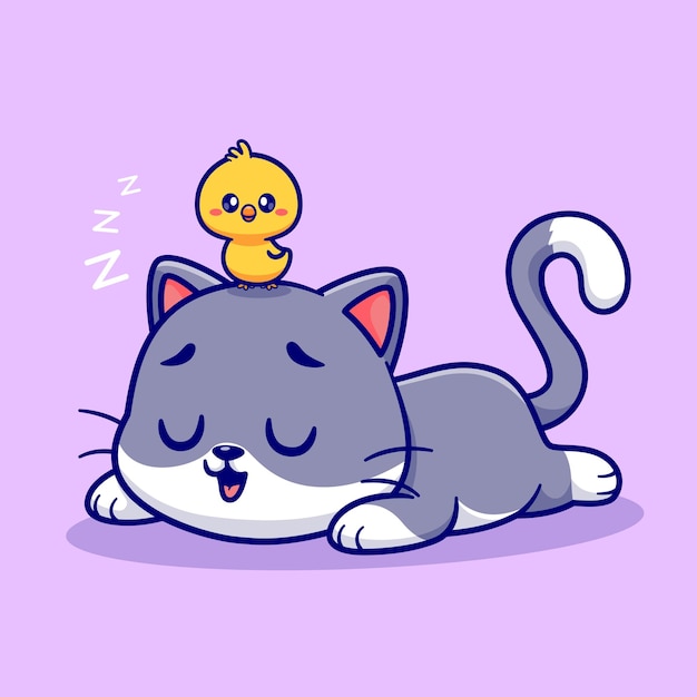 Cute Cat Sleeping With Chick Cartoon Vector Icon Illustration Animal Nature Icon Concept Isolated