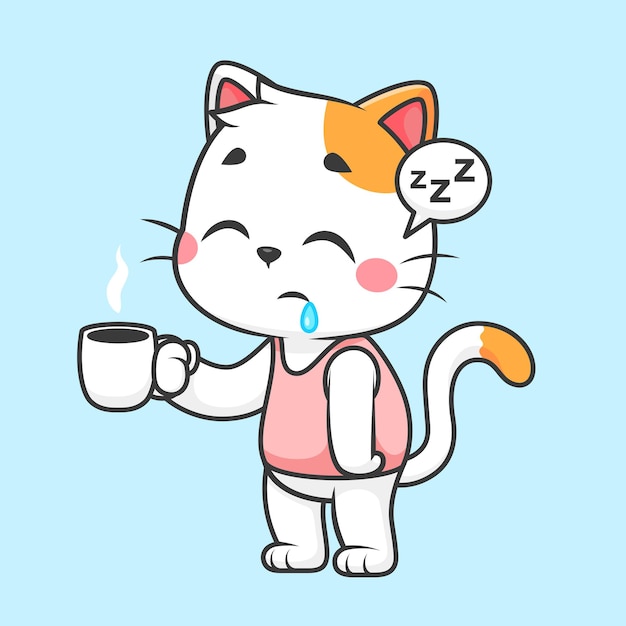 Free Vector cute cat sleepy holding coffee cartoon vector icon illustration animal drink icon isolated flat