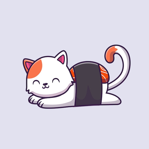 Cute Cat Sushi Salmon Cartoon Icon Illustration.