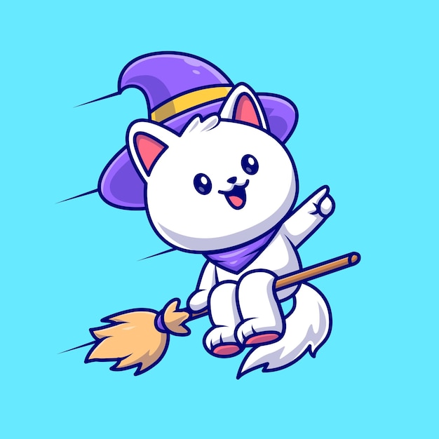 Free vector cute cat witch flying with magic broom cartoon vector icon illustration. animal holiday isolated