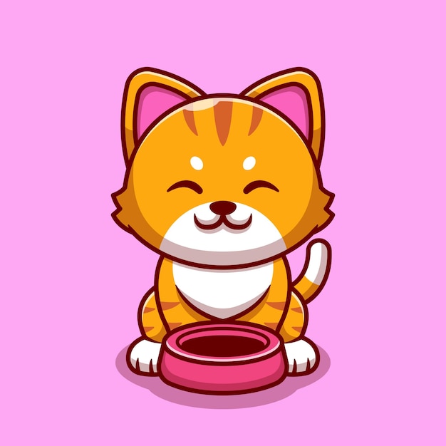 Cute Cat With Cat Bowl Cartoon Icon Illustration.