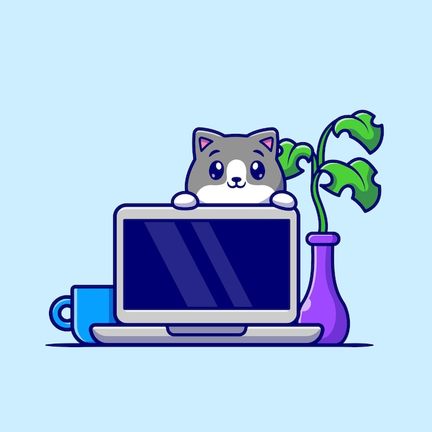 Free Vector cute cat with laptop cartoon vector icon illustration. animal technology icon concept isolated premium vector. flat cartoon style