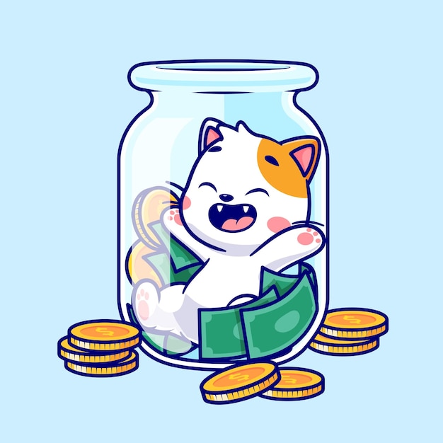 Free Vector cute cat with money and gold coin in bottle cartoon vector icon illustration. animal business flat