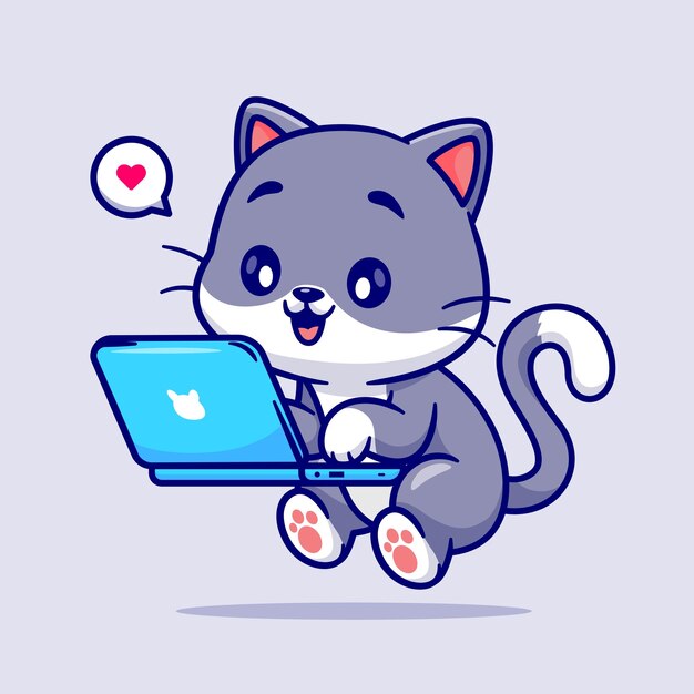 Cute Cat Working On Laptop Cartoon Vector Icon Illustration Animal Technology Icon Concept Isolated