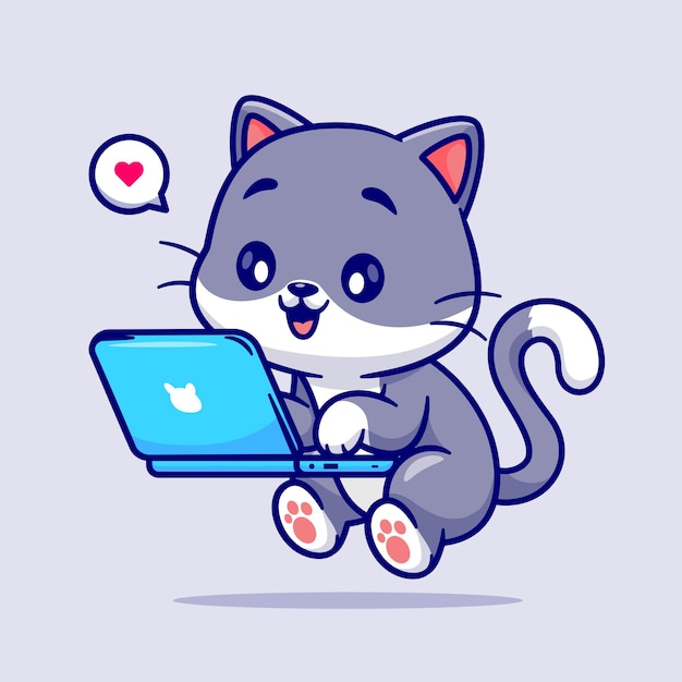 Cute Cat Working On Laptop Cartoon Vector Icon Illustration Animal Technology Icon Concept Isolated