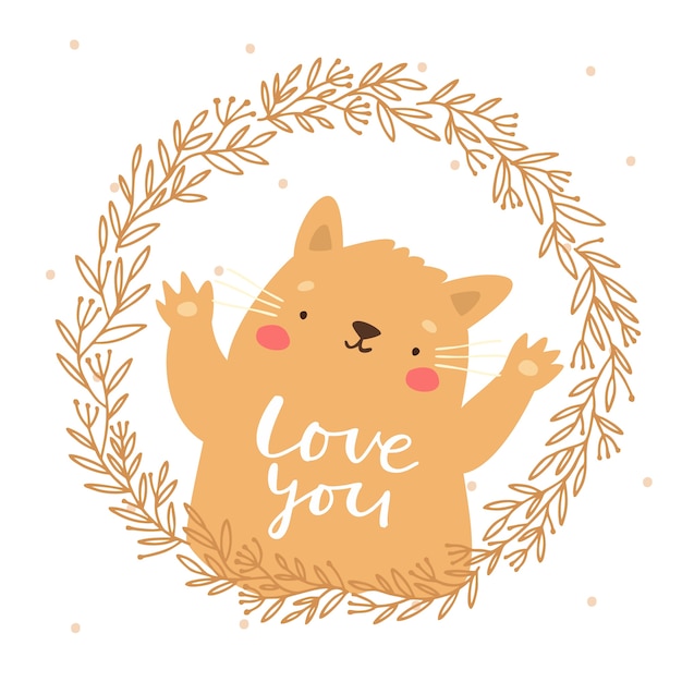 Free Vector cute cat in a wreath love you