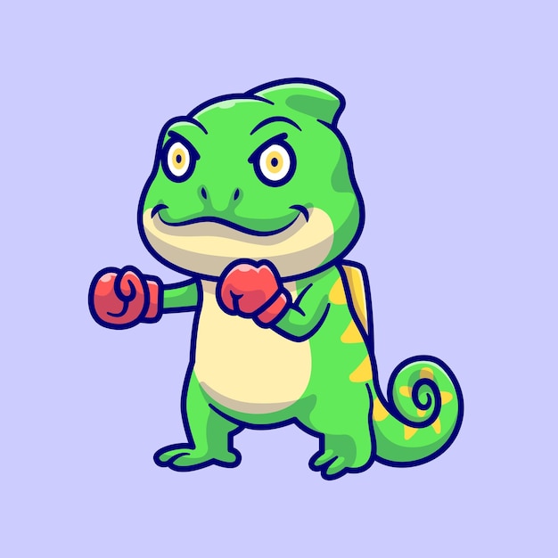 Cute Chameleon Boxing Cartoon Vector Icon Illustration. Animal Sport Icon Concept Isolated Premium