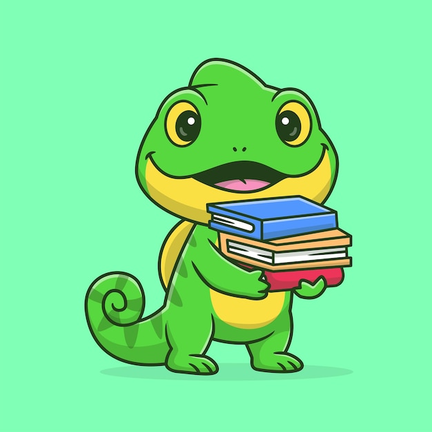 Free vector cute chameleon bring book cartoon vector icon illustration animal education icon concept isolated