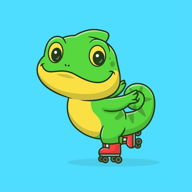 Cute Chameleon Playing Roller Skate Cartoon Vector Icon Illustration Animal Sport Icon Isolated Flat