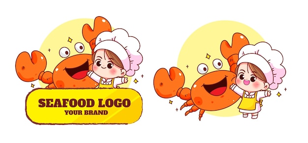 Free Vector cute chef and crab seafood logo mascot character food restaurant cartoon