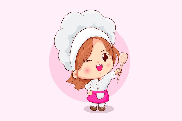 Cute chef girl cartoon art with pink color illustration