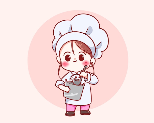 Free Vector cute chef girl in uniform character holding a pot food restaurant logo cartoon art illustration