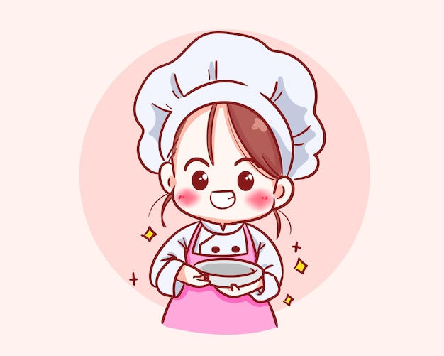 Cute chef girl in uniform character smiling and holding a plate food restaurant logo cartoon art illustration