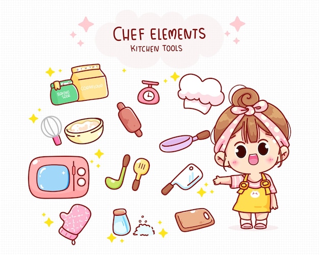 Free Vector cute chef and kitchen elements