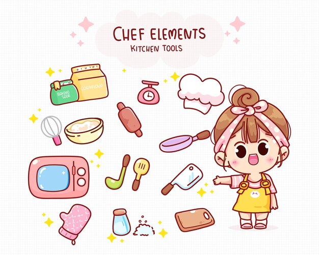 Cute chef and kitchen elements