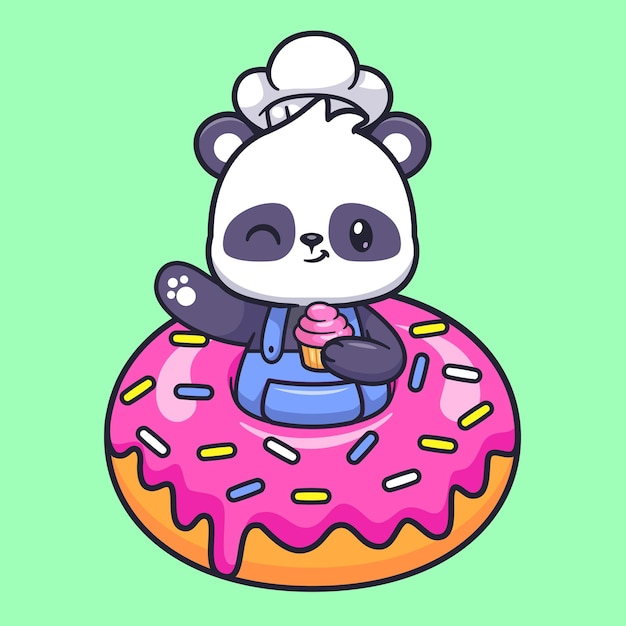 Free vector cute chef panda with donut holding cake cartoon vector icon illustration animal food icon isolated