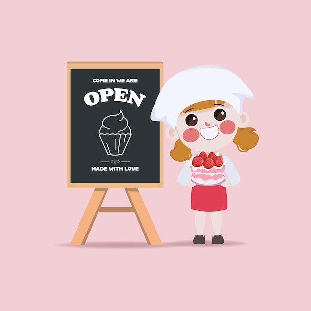 Free Vector cute chef with cake standing at blackboard sign restaurant clipart cartoon character