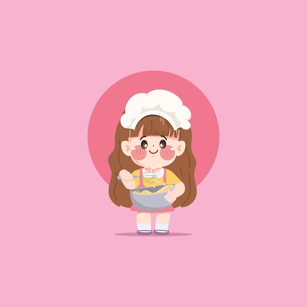 Free Vector cute chef woman in uniform character making a chiffon cake design for sticker label design