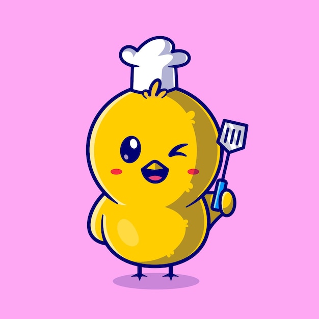 Free vector cute chick chef holding spatula cartoon vector icon illustration. animal profession icon concept isolated premium vector. flat cartoon style