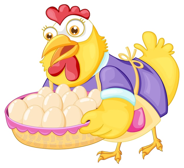 Free Vector cute chicken cartoon character holding a basket of egg