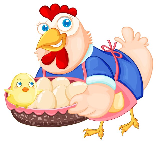 Cute chicken cartoon character holding a basket of eggs and chic