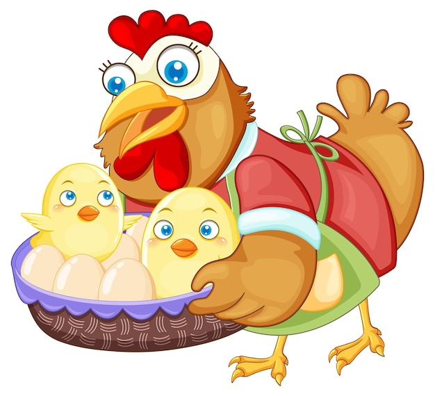 Free vector cute chicken cartoon character holding a basket of eggs and chic