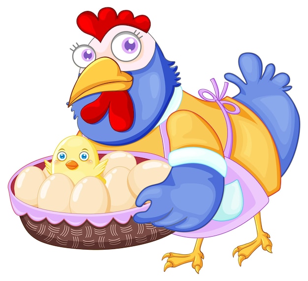 Cute chicken cartoon character holding a basket of eggs and chic