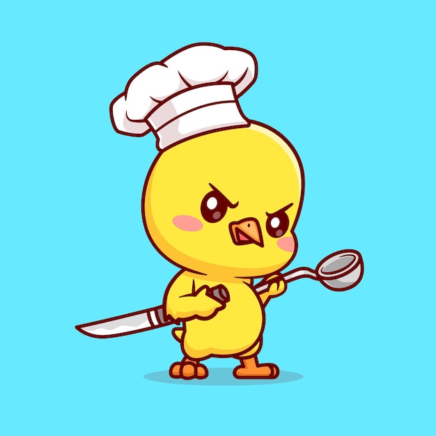 Free vector cute chicken chef holding knife and ladle cartoon vector icon illustration animal food isolated