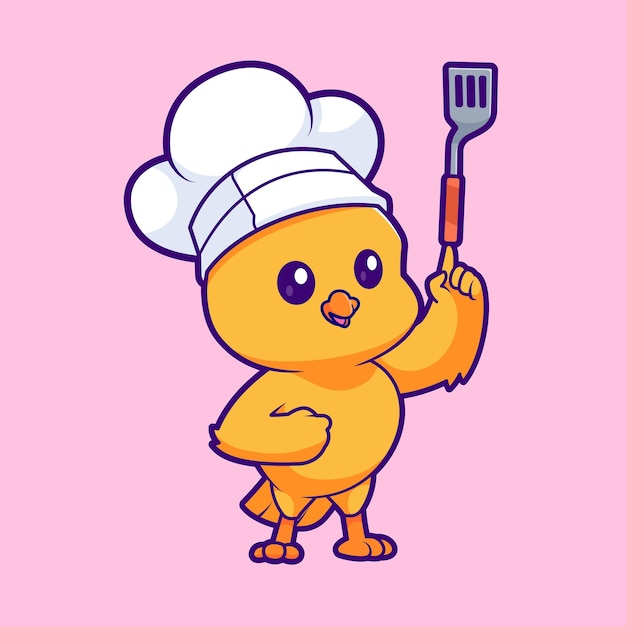 Free Vector cute chicken chef holding spatula cartoon vector icon illustration animal food icon isolated flat