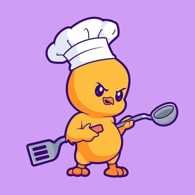 Free Vector cute chicken chef holding spatula and ladle cartoon vector icon illustration animal food isolated