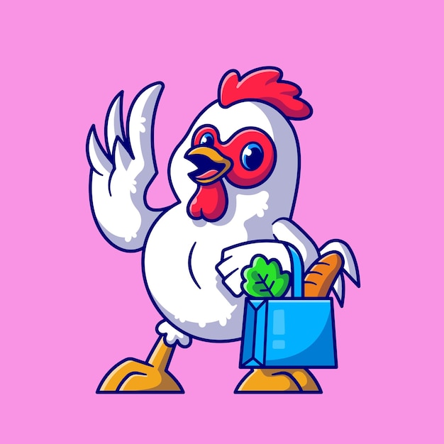 Free Vector cute chicken groceries shopping cartoon   icon illustration. animal food icon concept isolated  . flat cartoon style