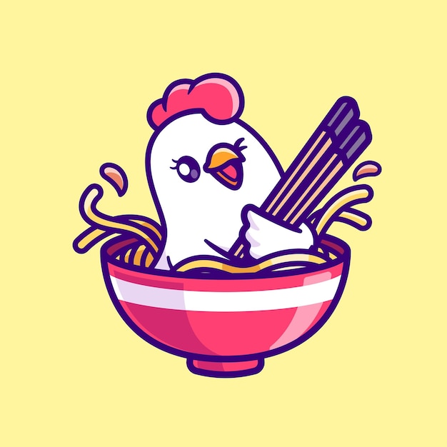 Free vector cute chicken in ramen noodle cartoon vector icon illustration animal food isolated flat vector