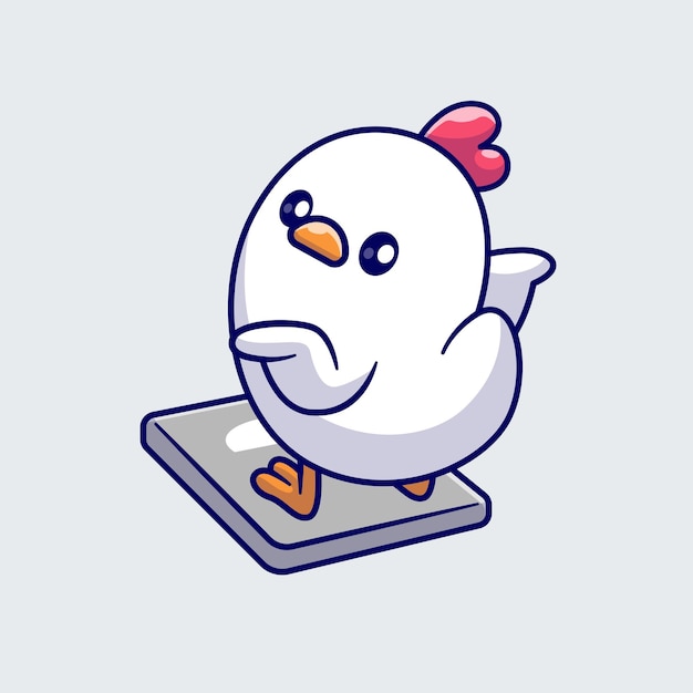 Free Vector cute chicken standing on weight scale cartoon vector icon illustration animal healthy isolated flat