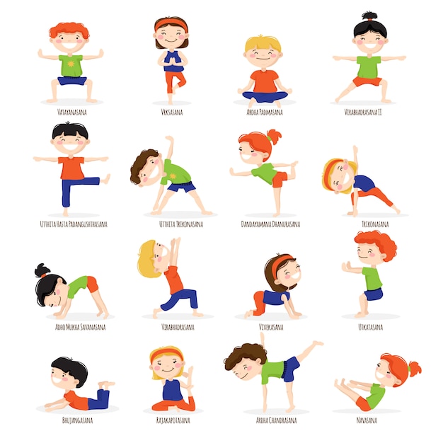 Cute children boys and girls in top yoga asanas poses cartoon icons collection set 