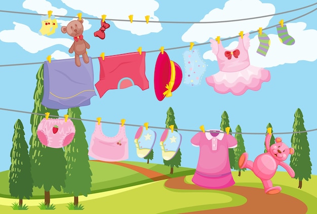 Free Vector cute children clothes hanging on a line in the outdoor scene