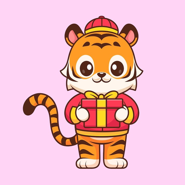 Free Vector cute chinese tiger holding gift box cartoon vector icon illustration animal holiday icon isolated