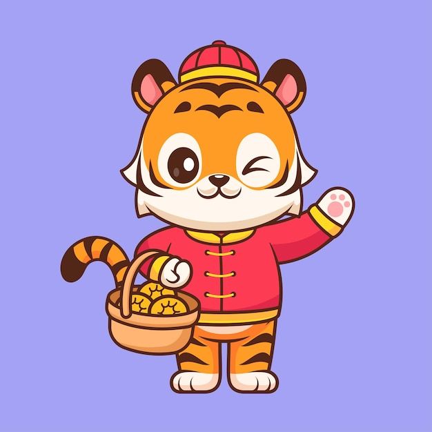 Cute Chinese Tiger Holding Orange In Basket Cartoon Vector Icon Illustration Animal Food Isolated