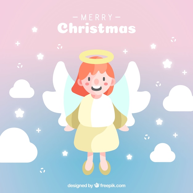 Free Vector cute christmas angel in a lilac sky