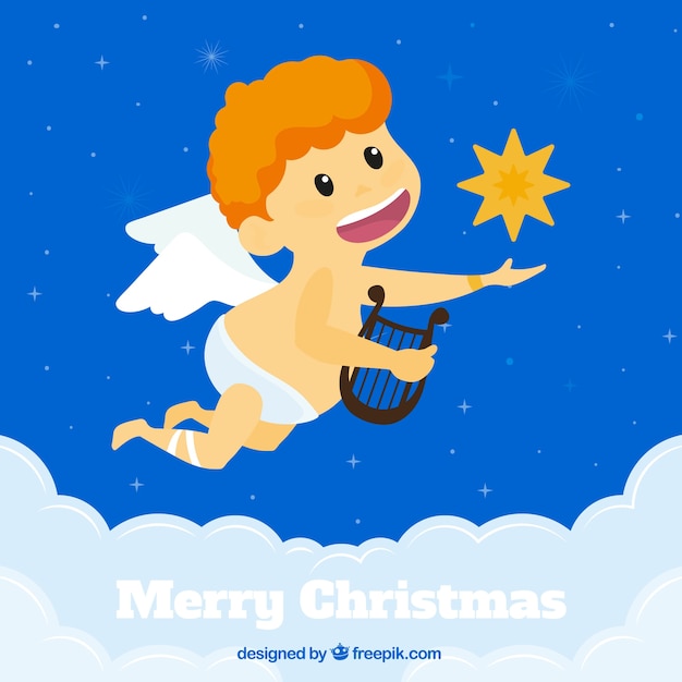 Free Vector cute christmas angel with a harp