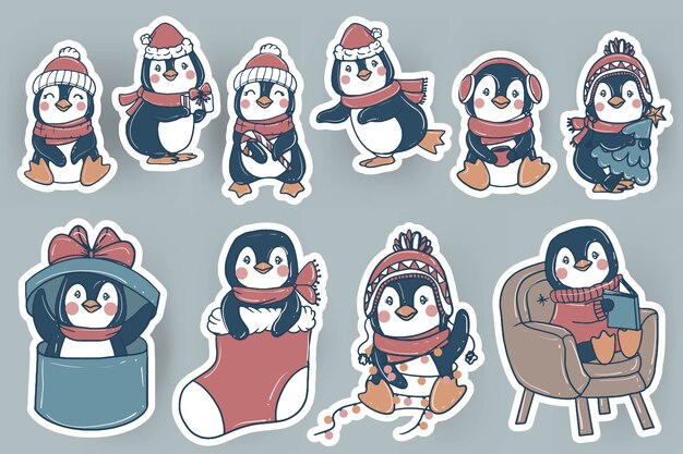 Cute christmas penguin stickers doodle hand drawn illustration