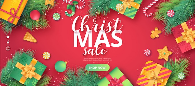 Cute Christmas Sale Banner in Red Background