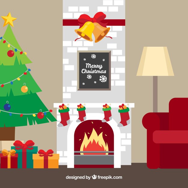 Cute christmas scene background with fireplace