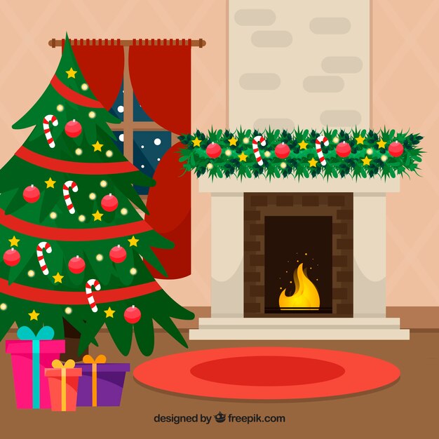 Cute christmas scene background with fireplace