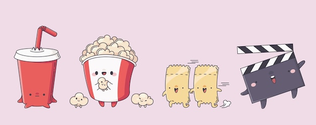 Free vector cute cinema cartoon characters with kawaii faces