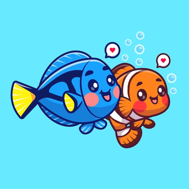 Free vector cute clownfish and blue tang fish swimming cartoon vector icon illustration animal nature isolated