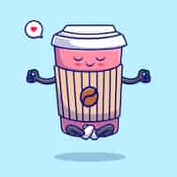 Free vector cute coffee cup meditation yoga cartoon vector icon illustration drink sport icon concept isolated