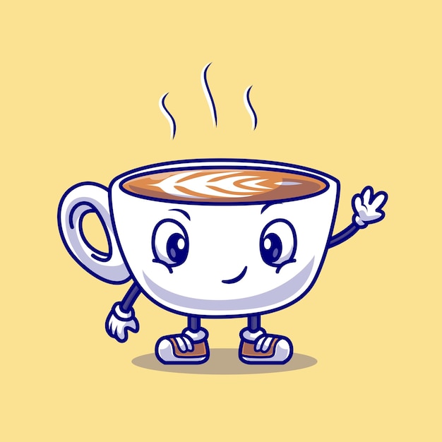 Cute Coffee Cup Waving Hand Cartoon Vector Icon Illustration. Drink Object Icon Concept Isolated