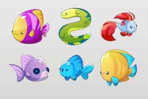 Free vector cute color sea fish icon vector set for aquarium ocean underwater animal collection of isolated tropical creature aquatic exotic happy pet in yellow and red eel goldfish and piranha clipart