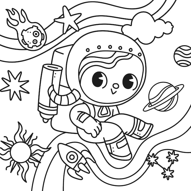 Free vector cute coloring book with astronaut